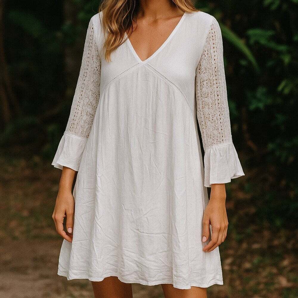 Morrisday Bomi White Dress Medium Lace Embroidered Sleeves NWT Feminine Fit